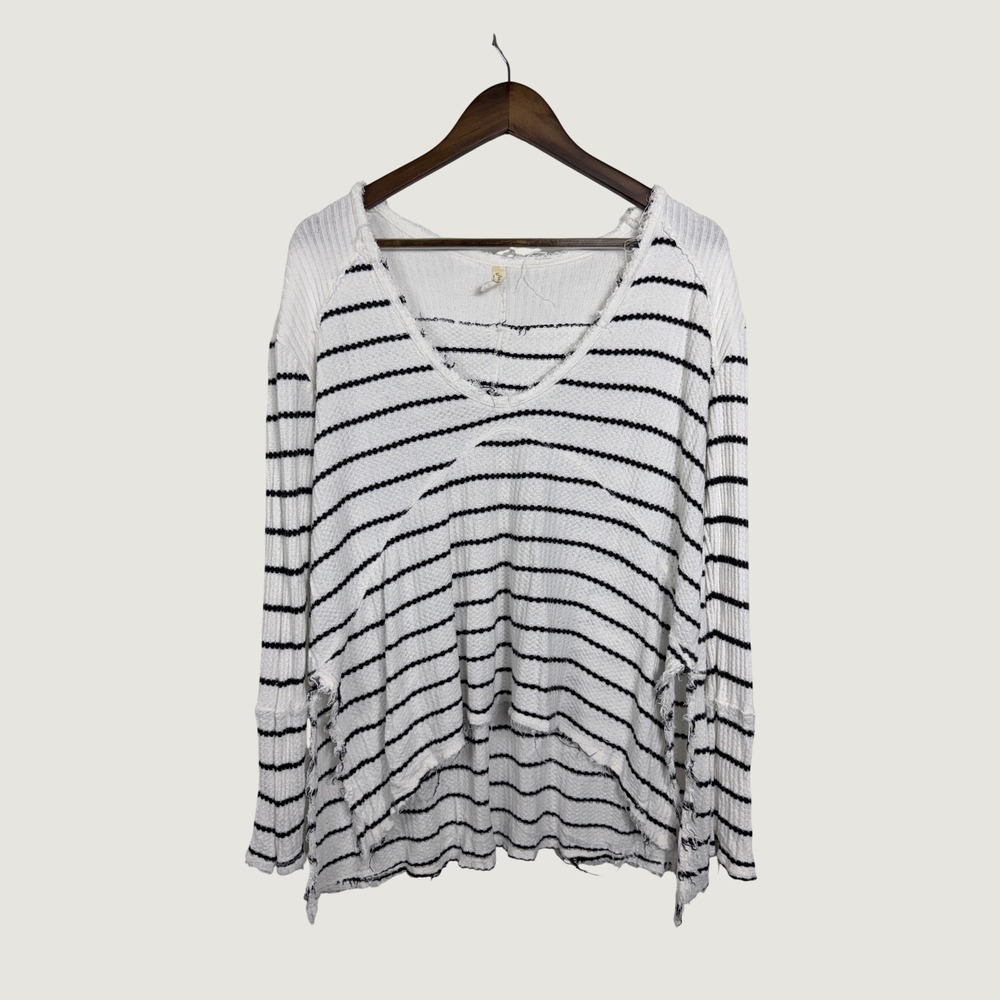 Free People Top XS White Black Striped We The Free Thermal Waffle Knit Raw Hem